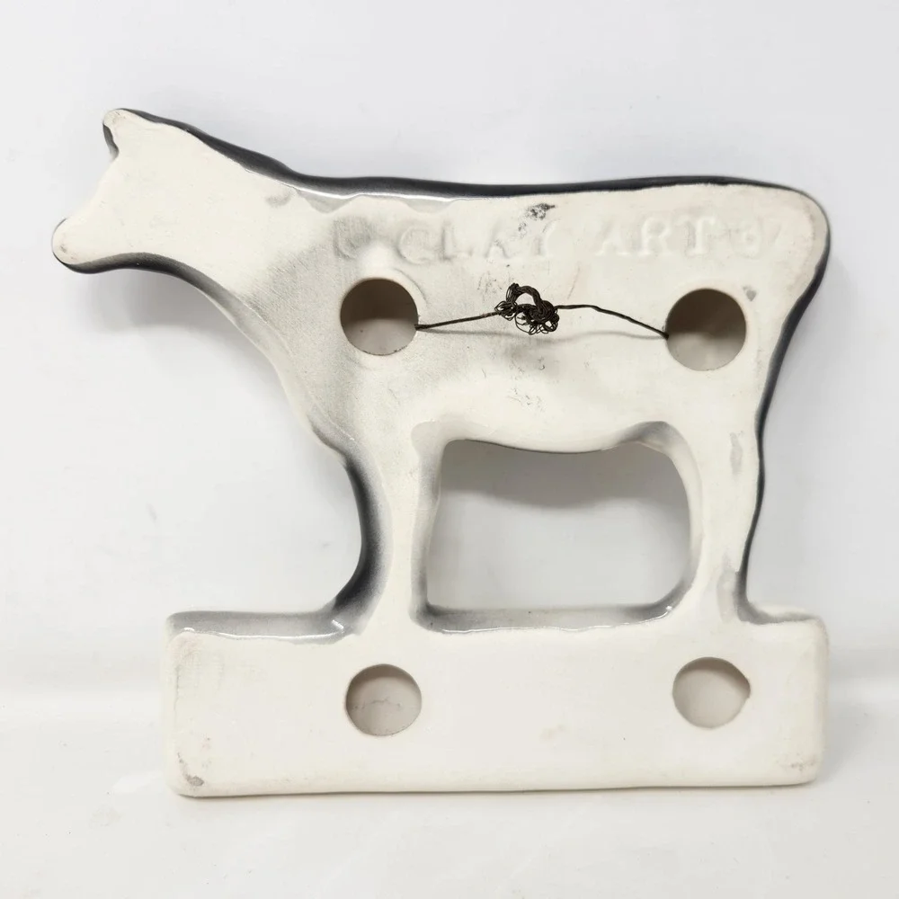 Vintage Clay Art 1987 Ceramic Cow Wall Hook Rack Black White Farmhouse Decor